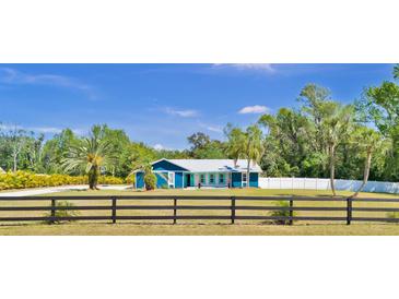 Charming blue one-story home with metal roof, green lawn, mature palms, and a black wooden fence at 245 Country Circle E Dr, Port Orange, FL 32128