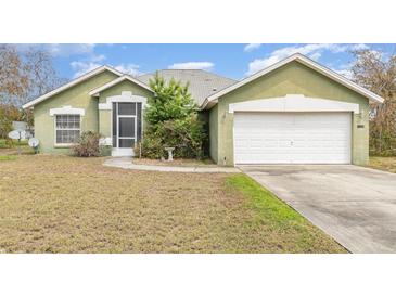 Charming green one-story home with a well-maintained lawn and attached two-car garage at 14325 Golden View Dr, Grand Island, FL 32735