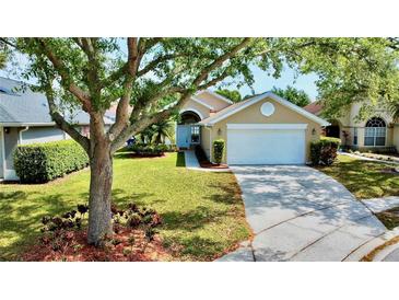 Charming single-story home with a well-manicured lawn, mature tree, and an attached two-car garage at 193 Lansbrook Ct, Ocoee, FL 34761