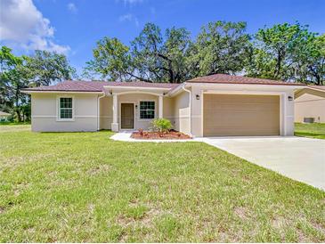 Charming single-story home featuring a manicured lawn, two-car garage, and fresh landscaping at 509 Mulberry St, Fruitland Park, FL 34731