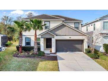 Charming two-story home with a two-car garage, well-manicured lawn, and swaying palm trees at 4569 Cabello Loop, Kissimmee, FL 34746