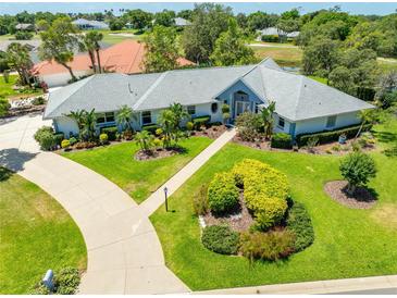 Stunning front exterior showcasing a lush landscaped yard and a charming home design at 203 Prestwick Dr, New Smyrna Beach, FL 32168