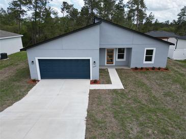 Charming single-story home with a blue garage door, landscaped yard, and modern architectural design at 2644 Sw 162 Nd Street Rd, Ocala, FL 34473