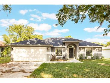 Charming single-story home featuring a well-manicured lawn, a two-car garage, and a welcoming front entrance at 205 Lori Ct, Umatilla, FL 32784