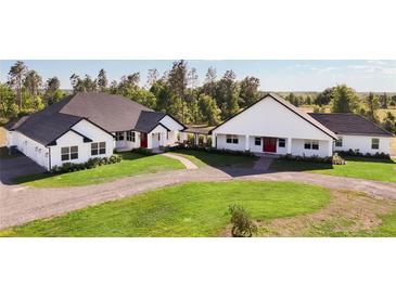 Stunning modern farmhouse featuring a black roof, red doors, green lawn and long driveway at 8003 Lake Nellie Rd, Clermont, FL 34714