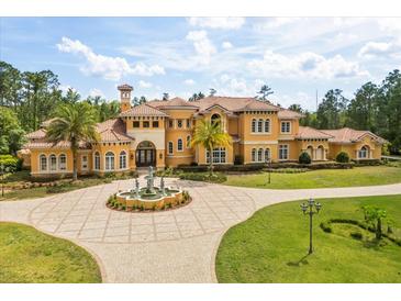 Stunning Mediterranean home with a circular driveway and ornate fountain, surrounded by lush landscaping at 8590 Apache Trl, Kissimmee, FL 34747