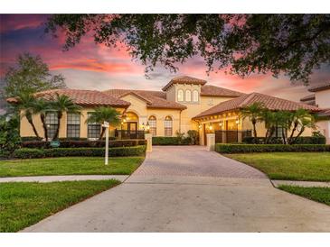 Beautiful home is enhanced by lush landscaping, a paver driveway, and a well-maintained lawn at 9178 Panzani Pl, Windermere, FL 34786