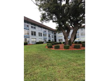 Attractive building exterior with well-maintained landscaping featuring a lush, green lawn and beautiful mature tree at 333 Lake Howard Nw Dr # 302B, Winter Haven, FL 33880