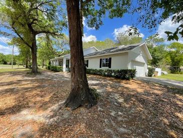 Charming one-story home featuring a painted brick exterior, manicured hedges and a long driveway at 25721 Pinehurst St, Sorrento, FL 32776