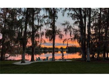 Beautiful lakefront backyard with inviting lounge chairs and a stunning sunset view at 320 Mary Jess Rd, Orlando, FL 32839