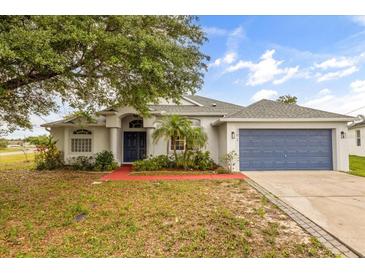 Charming single-story home with blue garage door, mature landscaping, and vibrant red walkway at 201 Churchill Ct, Kissimmee, FL 34758