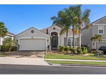 Charming single-story home featuring a well-manicured lawn and a two-car garage with palm trees at 2380 Kaley Ridge Rd, Clermont, FL 34715