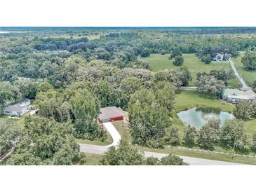 A scenic aerial view of a red home nestled amongst lush green trees with a pond nearby at 6144 Avenue G, Mc Intosh, FL 32664