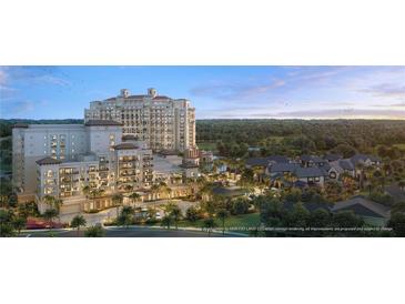 Luxury high-rise condo building overlooking a lush, green landscape with palm trees and a lake at 10160 Autumn Mist Ln # 601, Golden Oak, FL 32836