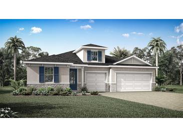 Beautiful single-story home showcasing a well-manicured lawn, stone accents, blue shutters, and an attached three car garage at 3499 Douglas Fir Dr, Apopka, FL 32703