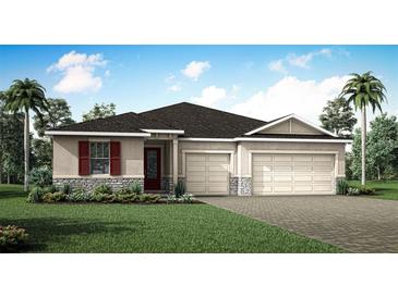 Charming single-story home with stone accents, a three-car garage, and lush landscaping at 2774 Sweet Acacia Dr, Clermont, FL 34711