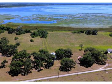 Expansive aerial view of a beautiful lakeside property with lush greenery, mature trees and a tranquil country setting at 3650 Lake Tohopekaliga Rd, St Cloud, FL 34772