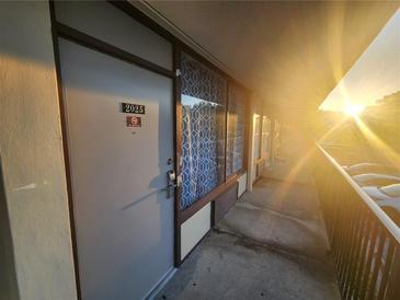 Hallway view showing unit entrance door and adjacent windows with geometric patterned curtains and a sunny exterior view at 7900 S Orange Blossom Trl # 2025, Orlando, FL 32809