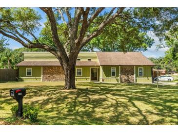 Charming home with a large tree in the front yard, showcasing a blend of wood and stone accents at 3790 Ne 22Nd Ave, Ocala, FL 34479