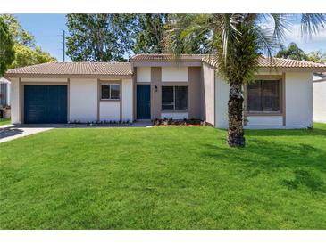 Charming single-story home featuring a well-manicured lawn and a lovely, mature palm tree at 10665 Whitman Cir, Orlando, FL 32821