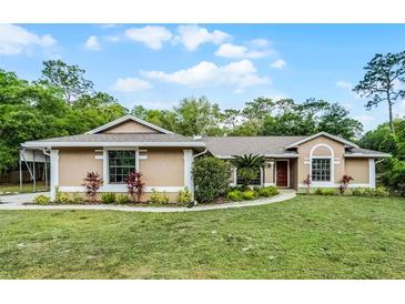 Charming single-story home with manicured lawn, neatly trimmed shrubbery, and a covered front entrance at 1201 Groveland Dr, Chuluota, FL 32766