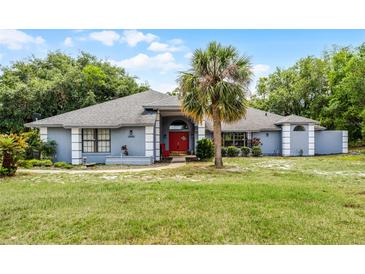 Charming single-story home with a well-manicured lawn, palm tree, and inviting red front door at 1689 Saboff Way, Chuluota, FL 32766