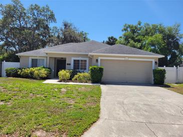 Charming single-story home featuring a well-manicured lawn, mature trees, and a two-car garage at 266 Paradise Woods Ct, Davenport, FL 33896