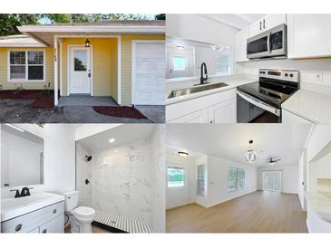 Collage featuring the home's exterior, modern kitchen, updated bathroom, and living area at 6508 Coral Cove Dr, Orlando, FL 32818