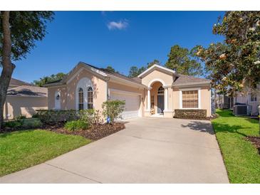 Charming single-story home with a well-manicured lawn, arched entryway, and a two-car garage at 428 Orista Dr, Davenport, FL 33897