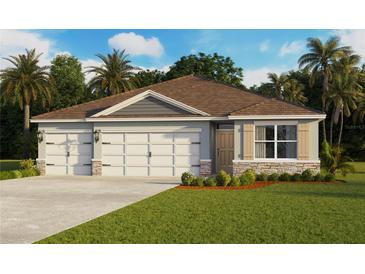 Charming single-story home featuring a three-car garage, stone accents, and professionally landscaped yard at 4497 Yaupon Holly Way, Lakeland, FL 33811
