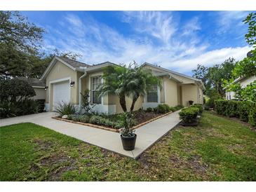 Charming single-story home with a well-manicured lawn, lush landscaping and an attached garage on a sunny day at 3018 Andover Ct, Mount Dora, FL 32757