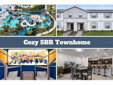 Community collage showing the water park, exterior, bedroom and kitchen of the cozy 5BR Townhome at 3806 Lana Ave, Davenport, FL 33897