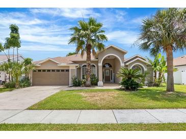 Charming single-story home with a well-manicured lawn and mature palm trees at 3016 Samosa Hill Cir, Clermont, FL 34714