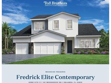 Contemporary two-story home with three-car garage and well-manicured lawn at 161 Purcell Dr, Alafaya, FL 32825