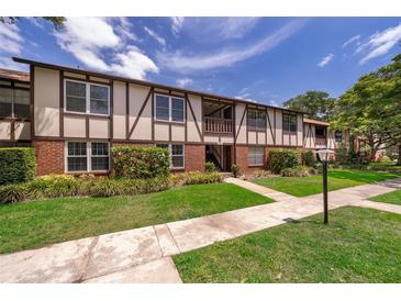 Inviting Tudor-style condo with well-manicured lawn and beautiful front walkway and manicured plants at 5325 Hansel Ave # E-15, Orlando, FL 32809