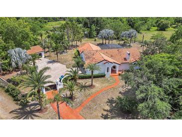 Aerial view of a Spanish-style home with a terracotta roof, lush landscaping, and a circular driveway at 13124 Filly Ct, Windermere, FL 34786
