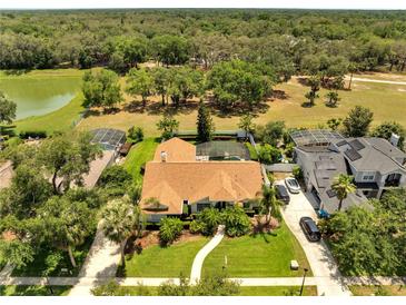 Aerial view of home with screened pool and mature trees, backing to a lake and green space at 1121 Arbor Glen Cir, Winter Springs, FL 32708