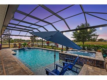 Gorgeous screened-in pool with a spa, lounge chairs and relaxing water views at 2086 Biller Cir, The Villages, FL 32163
