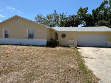 A single-Gathering home featuring a two-car garage and a simple front yard with a concrete driveway at 4617 Frisco Cir, Orlando, FL 32808