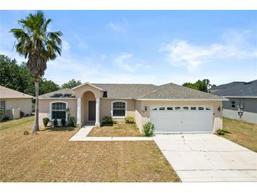 Charming single-story home featuring a two-car garage, manicured lawn, and a welcoming front entrance at 15 Sawfish Ln, Kissimmee, FL 34759