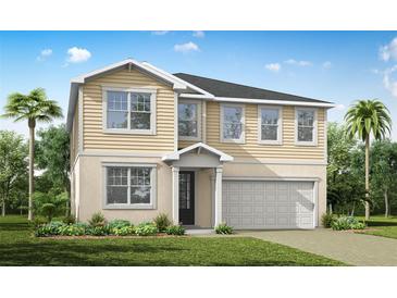 Charming two-story home with a well-manicured lawn, attached garage, and beautiful tropical landscaping at 13271 Pergola Ave, Orlando, FL 32832