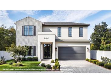 Modern two-story home with brick and stucco exterior, black framed windows, and attached two-car garage at 2612 Musselwhite Ave, Orlando, FL 32804