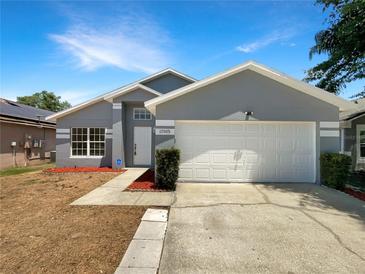 Charming single-Gathering home featuring a well-maintained lawn, attached two-car garage, and freshly painted gray exterior at 17505 Silver Creek Ct, Clermont, FL 34714