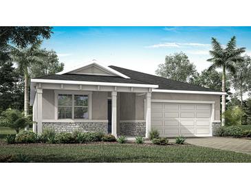Charming single-story home featuring a stone-accented facade, covered porch, and attached two-car garage at 12954 Promise Pl, Orlando, FL 32832