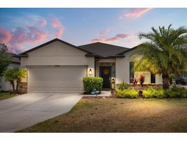 Charming single-story home with a two-car garage, manicured lawn, and a welcoming front entrance at 17500 Butterfly Pea Ct, Clermont, FL 34714