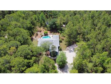 Aerial view of a home with a private pool and wooded surroundings at 3441 Hickory Creek Rd, Deltona, FL 32738