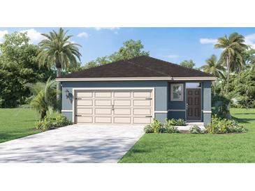 Charming single-story home featuring a two-car garage, well-manicured lawn, and tropical landscaping at 801 Ambleside Dr, Haines City, FL 33844