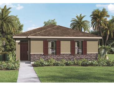 Charming single-story home with brown shutters, stone accents, and lush landscaping and palm trees at 5290 Scrub Mint Ln, Apopka, FL 32712