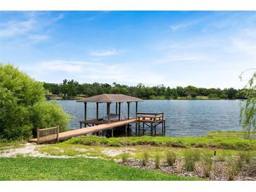 A tranquil view of a private dock overlooking a serene lake with lush green surroundings at 705 N Lake Sybelia Dr, Maitland, FL 32751
