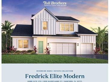 Striking two-story home showcasing modern farmhouse design with a three car garage and lush landscaping at 1059 Gloryland Ct, Sanford, FL 32771